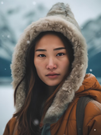 Portrait of a beautiful young asian woman wearing warm winter clothingの素材