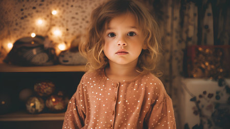 Portrait of a cute little girl in a room decorated for Christmasの素材