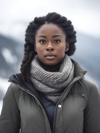Beautiful african american woman wearing winter jacket and scarf.の素材