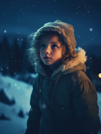 Cute little girl on the background of night winter forest with snow.の素材