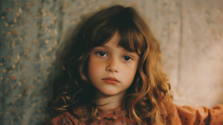 Portrait of a little girl with long curly hair and blue eyesの素材