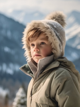 Portrait of a cute little boy in winter clothes against snowy mountainsの素材