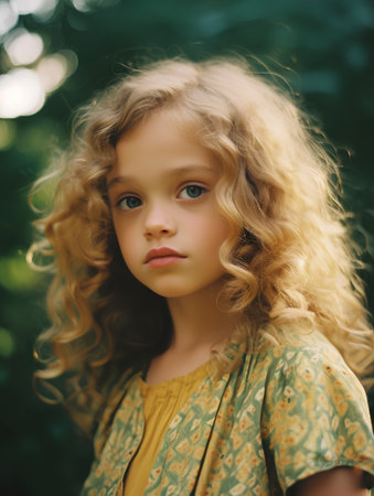 Portrait of a little girl with curly hair in a green dress.の素材