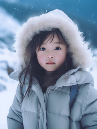 Portrait of a beautiful little asian girl in the snow.の素材