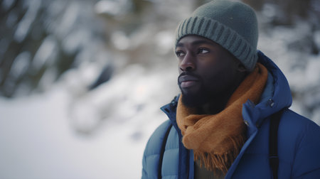 Handsome african american man in the winter forest.の素材