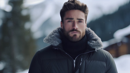 Portrait of a handsome young man in a winter forest. Men's beauty, fashion.の素材