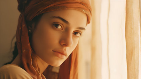 Beautiful young woman wearing a headscarf standing in front of the windowの素材