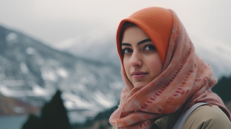 Portrait of a beautiful muslim woman on the background of mountainsの素材