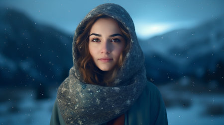 Winter portrait of beautiful young woman in warm clothing. Snowy forest.の素材