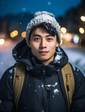 Young asian man in winter clothes on the street at night.の素材