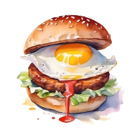 Watercolor illustration of a hamburger with a fried egg and saladの素材