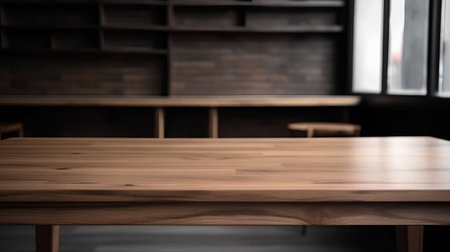 Empty wooden table and blurred coffee shop background, product display montageの素材