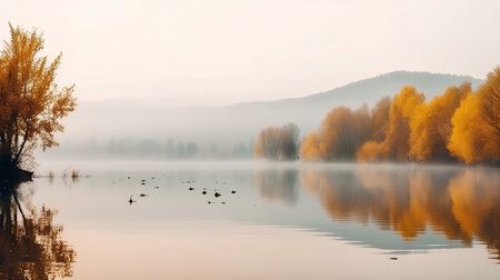 Autumn landscape with lake and forest in foggy morning Ukraineの素材