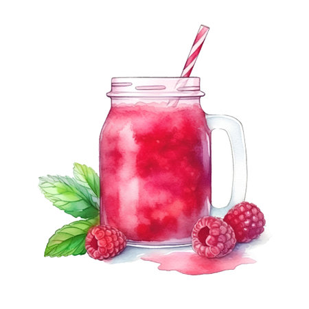 Watercolor illustration of a glass of raspberry smoothie with mint leaves.の素材