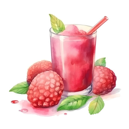 Raspberry juice with fresh raspberries. Watercolor illustration.の素材