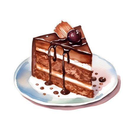 Watercolor illustration of a piece of cake with chocolate, cherry and creamの素材