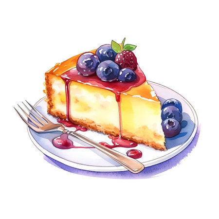 Watercolor illustration of a piece of cheesecake with blueberries.の素材