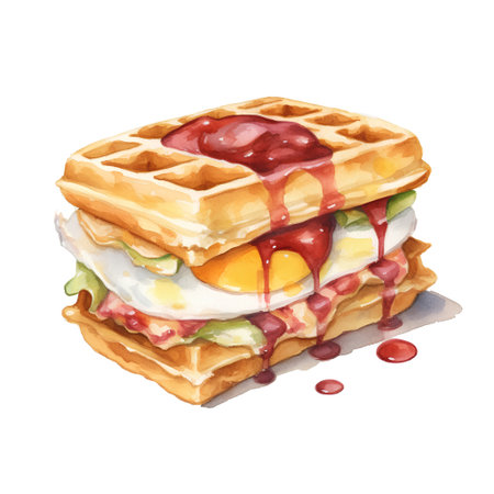 Watercolor illustration of waffles with egg, bacon and tomato sauce.の素材