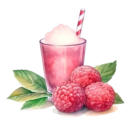 Raspberry milkshake in glass with fresh raspberries, watercolor illustrationの素材