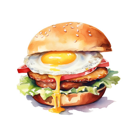 Watercolor hamburger with fried egg. Hand drawn illustration isolated on white backgroundの素材