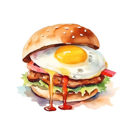 Watercolor illustration of a hamburger with fried egg and tomato sauceの素材