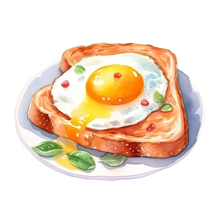 Fried egg on toast. Watercolor illustration isolated on white backgroundの素材