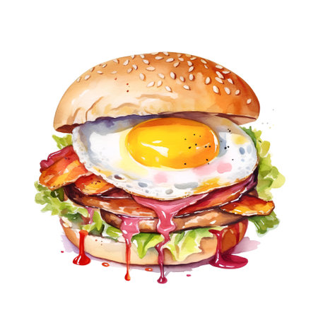 Watercolor burger with fried egg. Hand drawn illustration isolated on white backgroundの素材