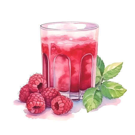 Watercolor illustration of a glass of raspberry juice and fresh raspberriesの素材