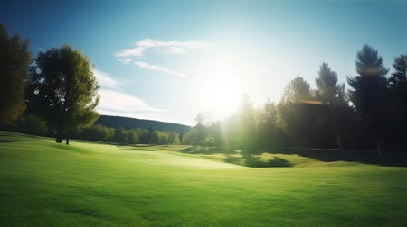 beautiful golf course with green grass and trees in the morning lightの素材