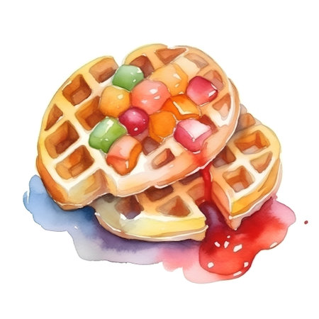 Watercolor illustration of a waffle with jam on a white backgroundの素材