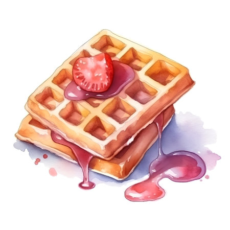 Watercolor illustration of belgian waffles with strawberry and syrup.の素材