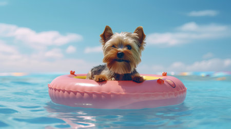 Yorkshire Terrier swims in the pool with an inflatable ringの素材