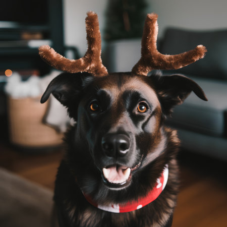 Portrait of a dog wearing reindeer antlers at homeの素材