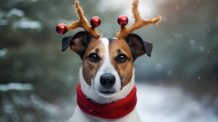 Christmas and New Year. Portrait of a Jack Russell Terrier dog with reindeer antlers in winter forest.の素材