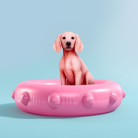 Cute dog in a pink inflatable ring on a blue backgroundの素材