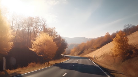 Beautiful autumn landscape with road and yellow trees on a hillsideの素材