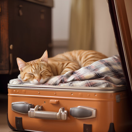 Cute ginger cat sleeps in an orange suitcase, close-upの素材
