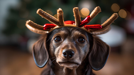 Miniature Dachshund dog wearing reindeer antlers on head.の素材