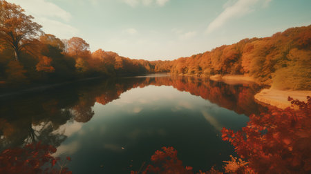 Autumn landscape with river and colorful forest. Photo in retro styleの素材