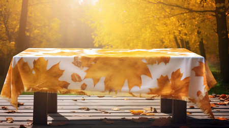 Autumn picnic table with yellow maple leaves on wooden terrace in parkの素材