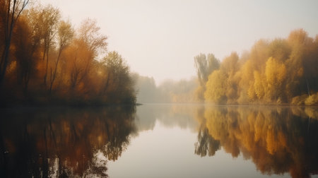 Autumn landscape with river and trees in foggy morning, retro styleの素材