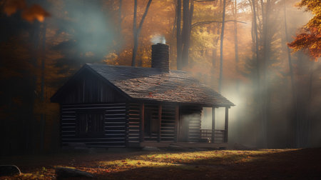Wooden house in the autumn forest with fog, 3d renderの素材