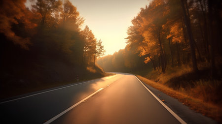 Asphalt road in the autumn forest at sunset. 3d renderingの素材