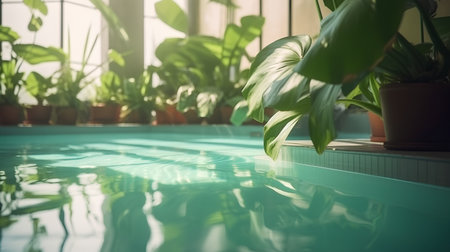 Swimming pool with green plants in a room with sunlight and shadowsの素材