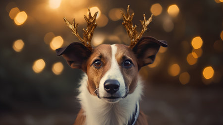 Christmas dog with golden reindeer antlers on bokeh backgroundの素材