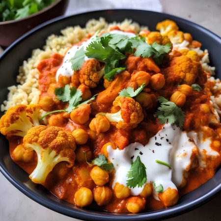 Vegetarian chickpea curry with cauliflower, rice and yoghurtの素材