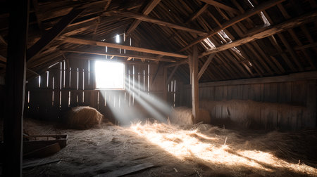 Horse stable with hay and sun beam coming through the roof.の素材