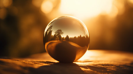 Crystal ball with the image of a forest in the background at sunsetの素材