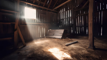 Abandoned barn interior with wooden chair and light coming through the windowの素材