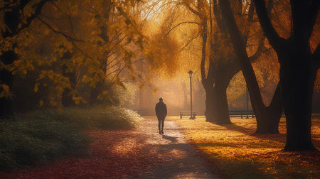 Man walking in the autumn park at sunset. 3d rendering.の素材